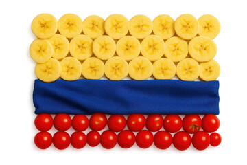 Creative food flag art with bananas, cloth, tomatoes, isolated on transparent background