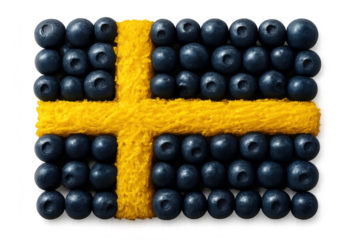 Creative Swedish flag made from blueberries and yellow cake texture isolated on transparent background
