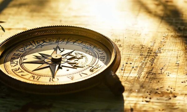 An ancient compass with beautiful carvings sits on a weathered wooden table, bathed in golden sunlight