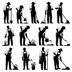 Naklejka premium Collection of diverse people gardening and performing various outdoor tasks using tools like shovels rakes and watering cans silhouette isolated on transparent background
