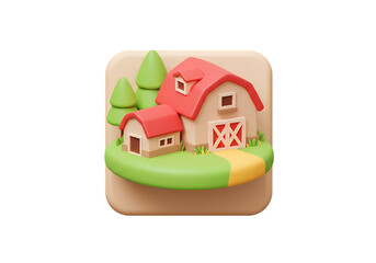 Farmhouse Icon 3D Render of Rural Scene isolated on transparent baackground
