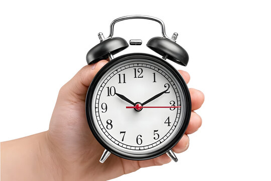 An analog alarm clock held in a hand against a transparent background signifies time management and deadline reminders.