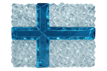 Textured ice block with a crystal blue cross isolated on transparent background