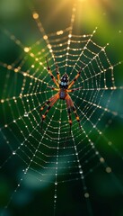 Obraz premium Close-up view of intricate cobweb structure with dew drops and shadowy spiders, spooky, Gothic, Halloween decor