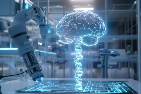 Artificial Intelligence Brain and DNA Analysis in Futuristic Lab