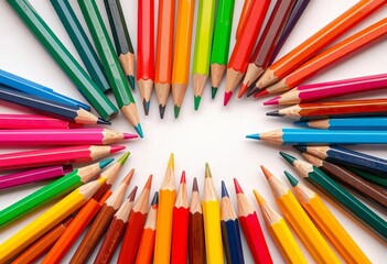 A vibrant collection of colored pencils arranged on a pristine white background,  macro,  assortment