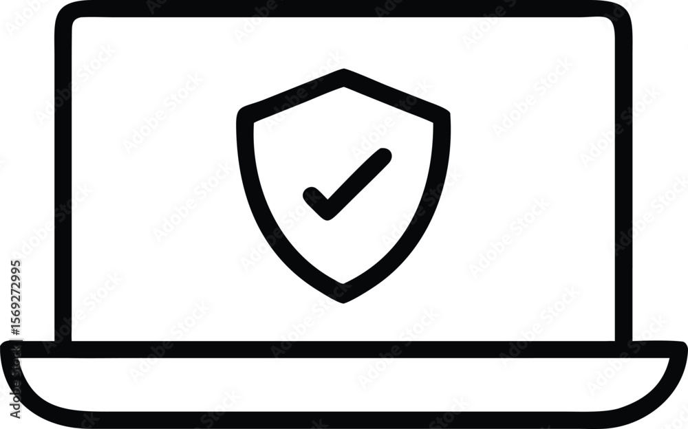 Poster laptop computer screen displaying a shield with a checkmark symbol for security