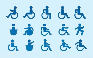 Blue square set of disability icons. Disabled icon set. Mental, physical, sensory, intellectual disability icons. High quality