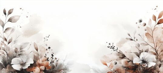 Beautiful Botanical Illustration of Watercolor Leaves and Flowers on Light Beige Background