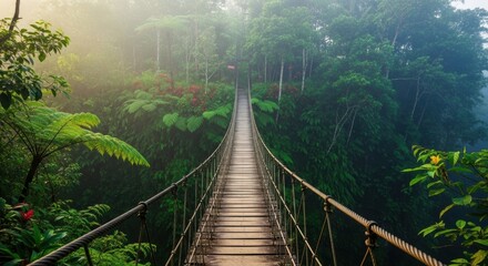 Fototapeta premium Long suspension bridge over a lush tropical jungle river ravine in Bali, Indonesia. Misty natural landscape and peaceful traveling concept.