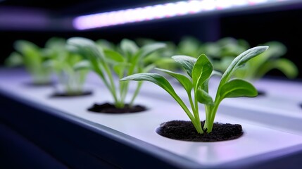 Young seedlings growing in a hydroponic cultivation tray.