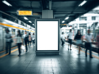Vertical Digital Billboard Mockup at Train Station or Metro &mdash; Blank Advertising Display in Transit Area