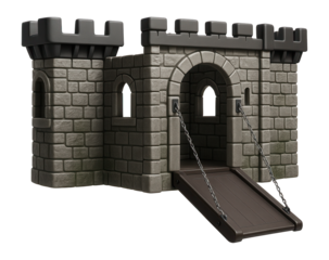 Medieval fortress playhouse with stone-like walls and a drawbridge for historical play