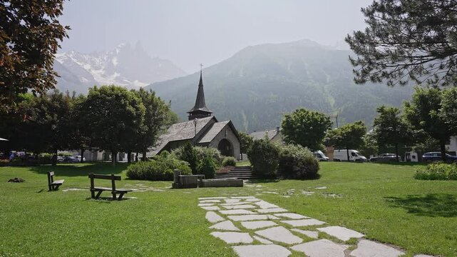 Les Praz Church In Chamonix, Mont Blanc, France