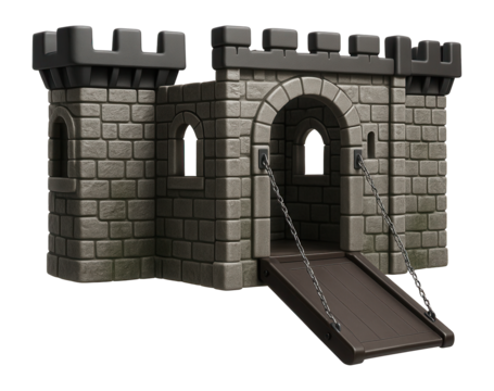 Medieval fortress playhouse with stone-like walls and a drawbridge for historical play