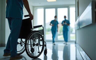 Wheelchair, disability and man holding wheel in hospital for medical care. High quality