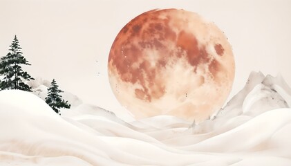 Minimalist Winter Landscape With Snowy Mountains And Evergreen Trees