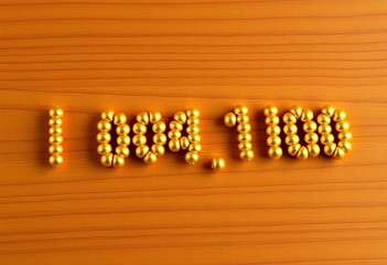 Golden beads representing units, tens, hundreds, and thousands arranged on a wooden surface,  hundred,  place value