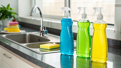 Colorful Trio of Household Cleaners Reflected on Polished Kitchen Surface