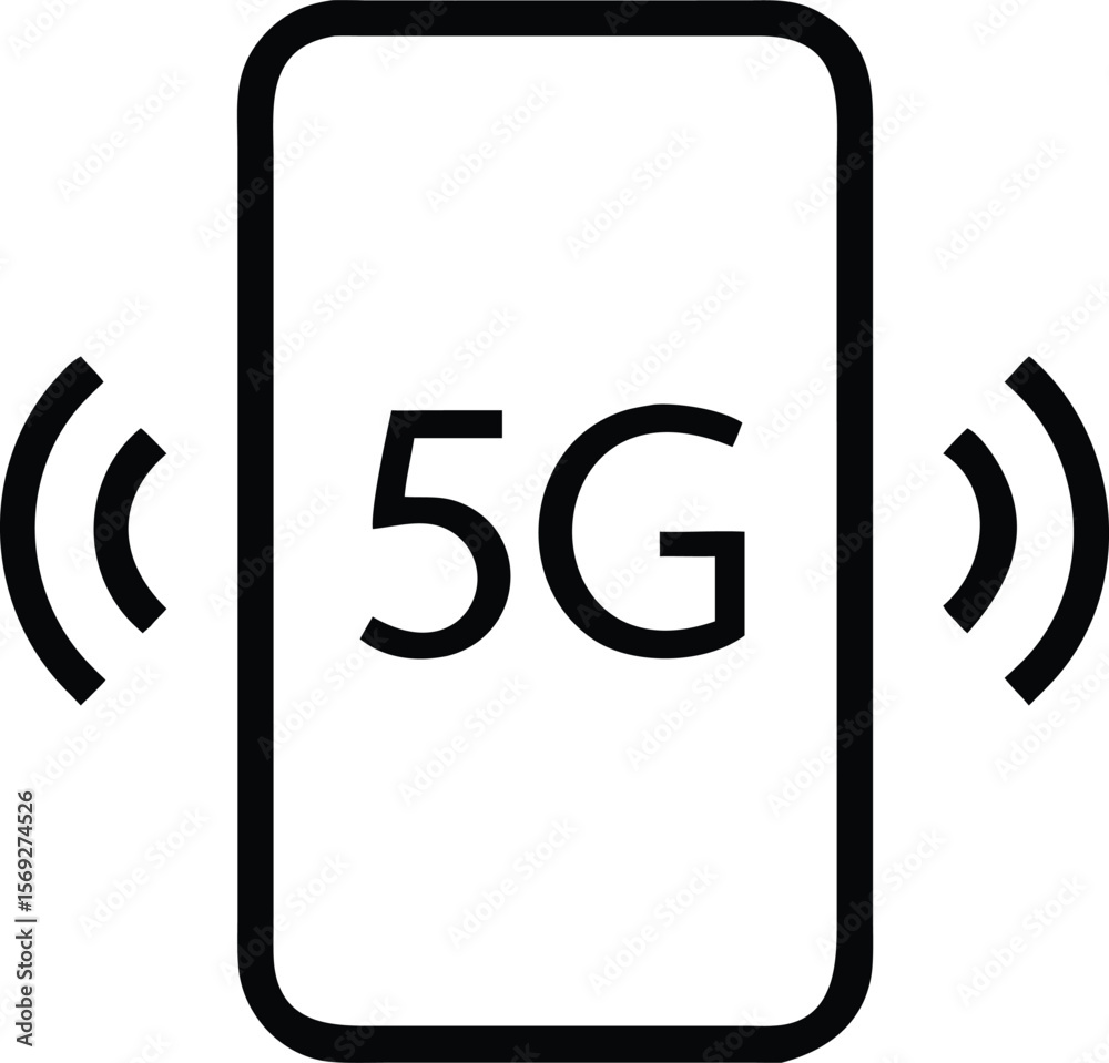 Poster simple line art icon of a smartphone displaying the 5g symbol with signal waves