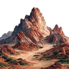 : Red rock mountain range rising from desert floor with transparent background.