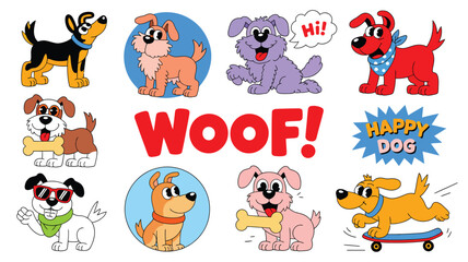 Fototapeta premium Dog Sticker Vector Set – Hand-Drawn Doodle Dogs in Various Breeds and Poses – Fun Pet Illustration for T-Shirts, Prints, Stickers, and Pet Shop Decor