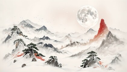 Tranquil Winter Landscape In Minimalist Chinese Ink Style