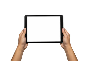 Hands Holding Tablet with Blank Screen isolated on transparent baackground