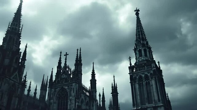 Cinematic pan across Gothic spires and intricate buttresses with overcast skies adding dramatic depth