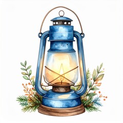 Blue Vintage Lantern with Watercolor Floral Decor