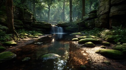 Lush Rainforest Waterfall Stream Nature Scene.
