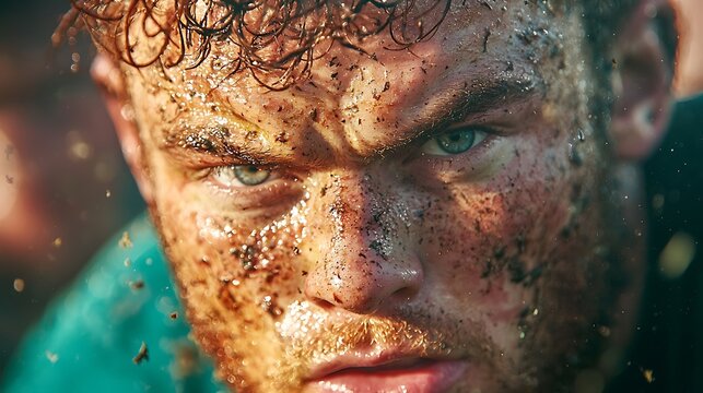 Intense Man Covered in Mud and Water Close-up