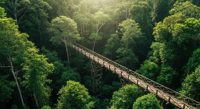 Long wooden canopy walkway bridge high above lush green jungle trees, nature adventure travel concept for tourism or ecology project. - Powered by Adobe