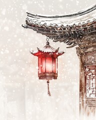 Tranquil Lantern Under Snowy Eaves Creating Serene Atmosphere
