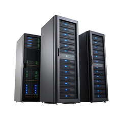 Three server racks isolated on transparent background