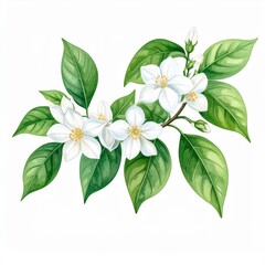 Obraz premium White Jasmine Flowers and Green Leaves Botanical Illustration