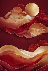 Abstract Chinese Aesthetic Artwork With Vermilion Red And Gold