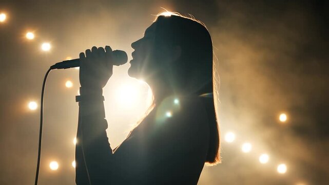 Woman singing on stage in silhouette with stage lights
