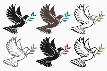 set of Peace dove with olive branch silhouette vector illustration