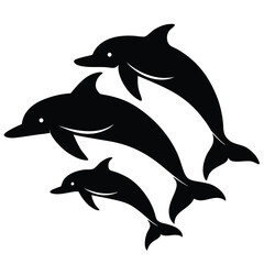 Silhouette of a Dolphin Pod Swimming Together in the Ocean Vector Illustration