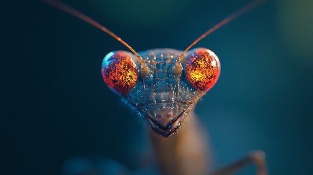 Extreme Macro Praying Mantis Face with Glowing Eyes
