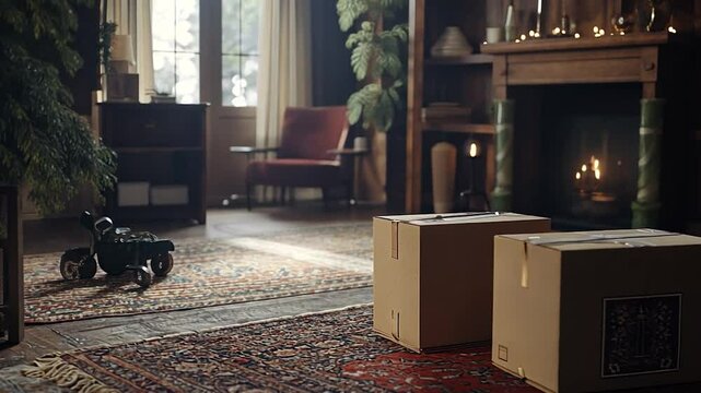 Cozy room with moving boxes on a rug