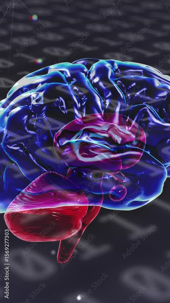 Poster digital animation of human brain spinning against binary coding data processing on grey background