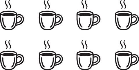 Collection of Eight Simple Hot Coffee Cup Illustrations