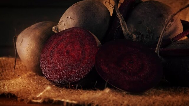 Sliced beetroot warm rustic backdrop presentation stock footage