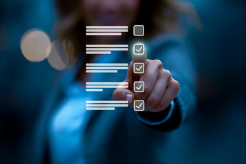 Woman interacting with virtual checklist interface, selecting multiple confirmed tasks with checkmarks, representing progress tracking, digital task management, and productivity tools