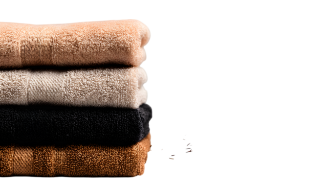 Stack of soft rolled towels in neutral colors against isolated on a white background
