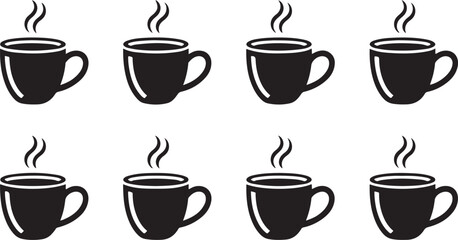 Eight steaming coffee cups illustration perfect for cafe menus, websites or mugs