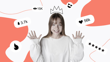 Young woman joyfully celebrating social media engagement in a vibrant digital environment with...