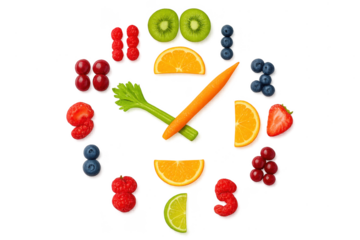 Creative clock design made of fruits and vegetables isolated on transparent background.